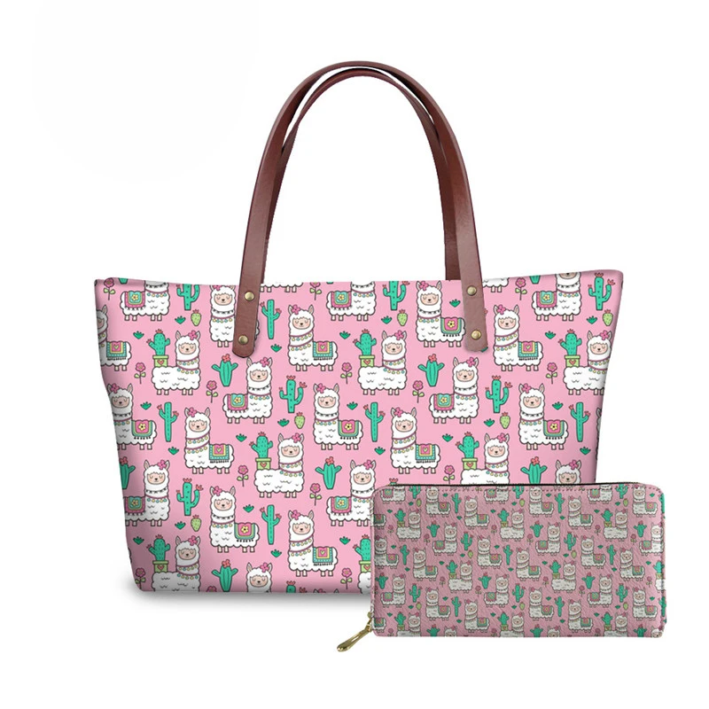 

NOISYDESIGNS Sweet Pink Alpaca Printing Handbags&Wallets Women 2pcs/set Hand Bag Ladies Shoulder Messenger Bags for Female Bolsa