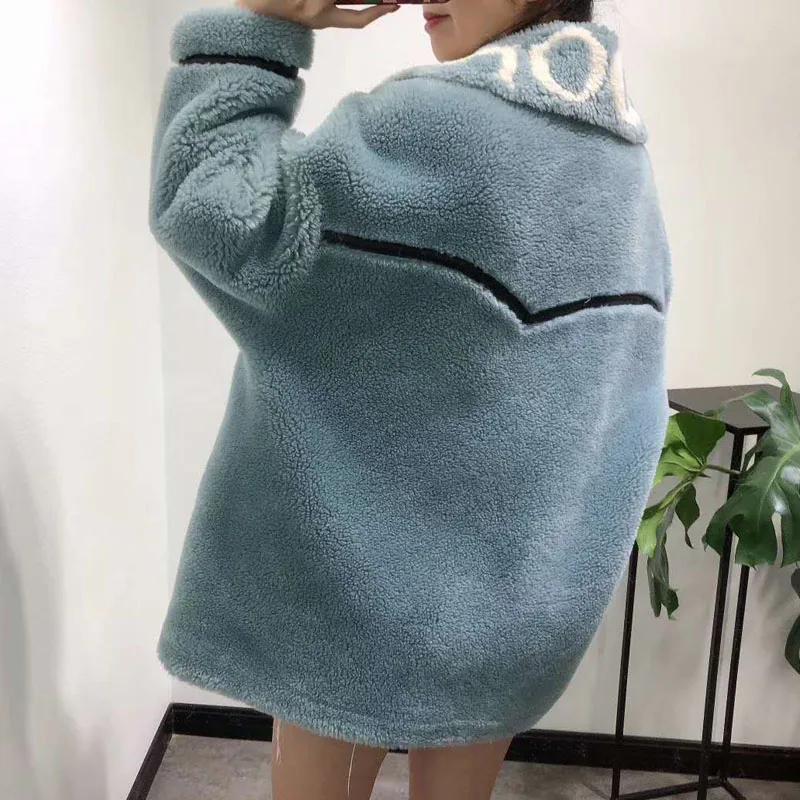 women winter jacket new female sheep fur coat plus size wool blends parka real fur Moto& Biker pink clothes Letter Pattern