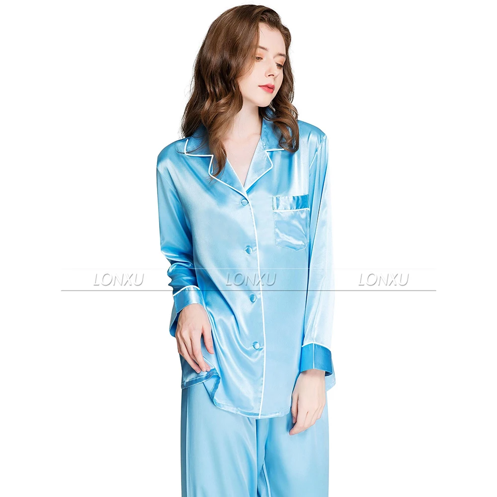 Sky blue Женский Шелковый Атласный пижамный комплект, пижамный комплект, одежда для дома XS S M L XL 2XL 3XL - Цвет: Sky blue