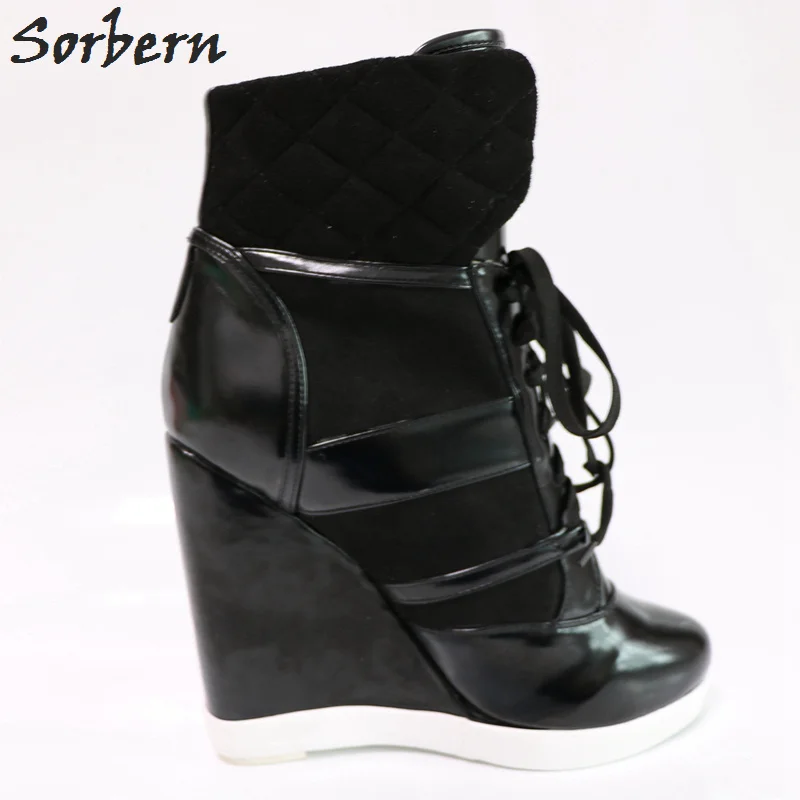 Sorbern/черные женские ботинки из Pu искусственной кожи; ботильоны на высоком каблуке со шнуровкой; американский размер 15; ботинки на танкетке; женская обувь черного цвета; женская обувь