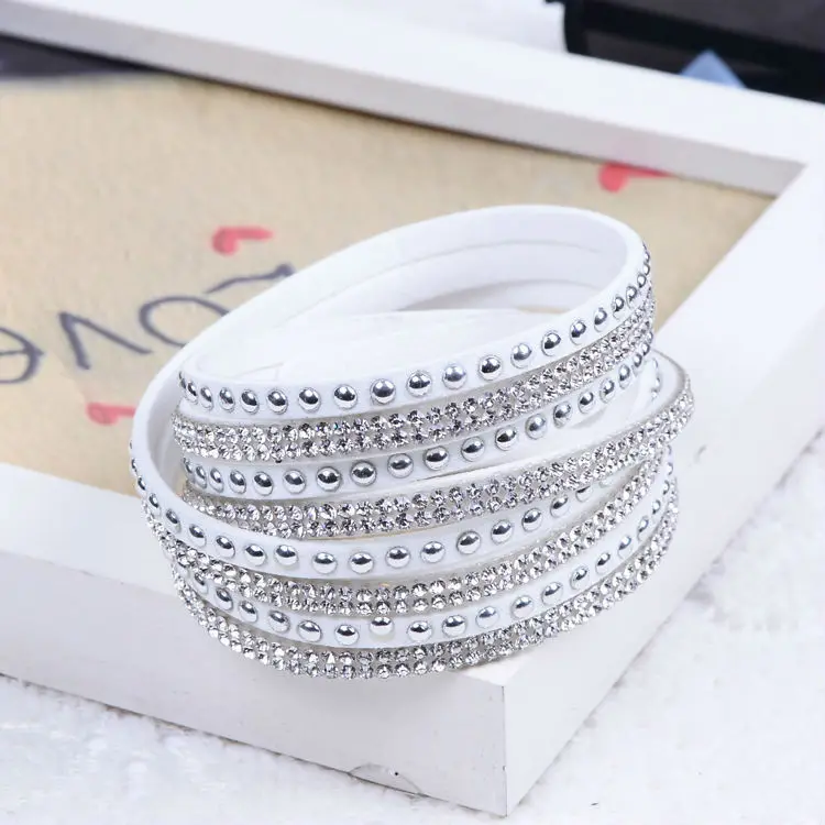 New Colorful 6 Rows Rhinestone Leather Wrap Wristband Cuff Punk Crystal Bracelets Bangle | Украшения и аксессуары