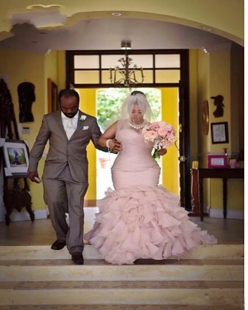 Румяна Розовое женское свадебное платье Русалка 2020 органза каскадные оборки