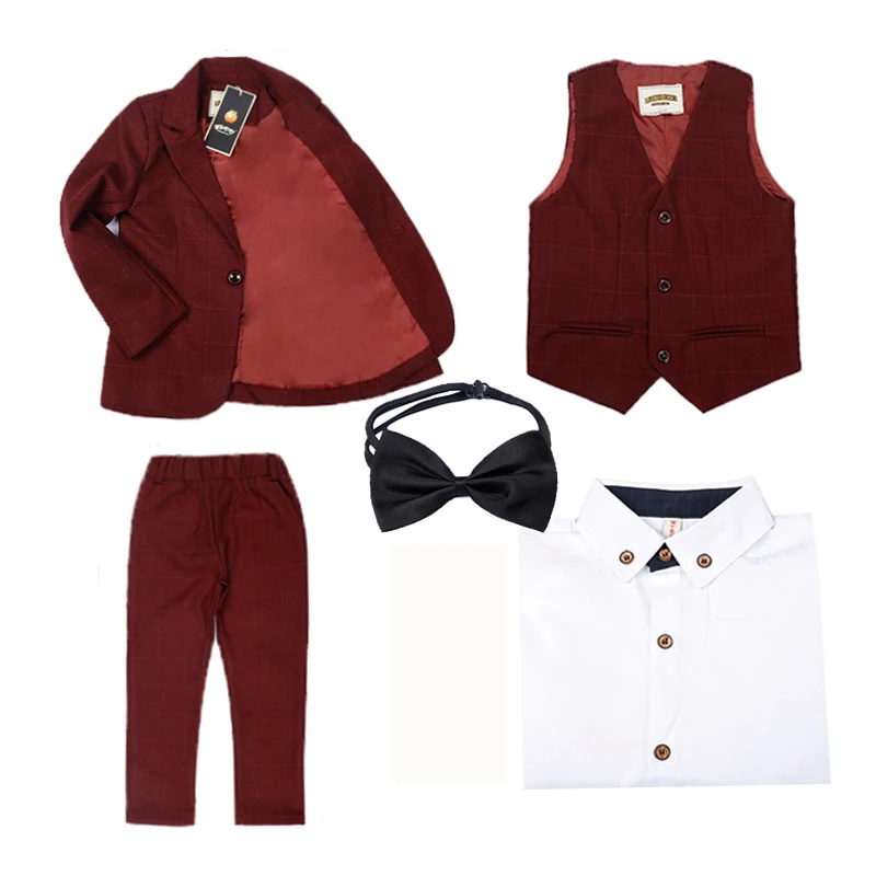 red 4pcs Осень-зима, детский деловой костюм, комплекты клетчатый смокинг с цветочным принтом для мальчиков, жилет, рубашки, штаны, комплекты одежды детский костюм для свадебной вечеринки - Цвет: red 4pcs