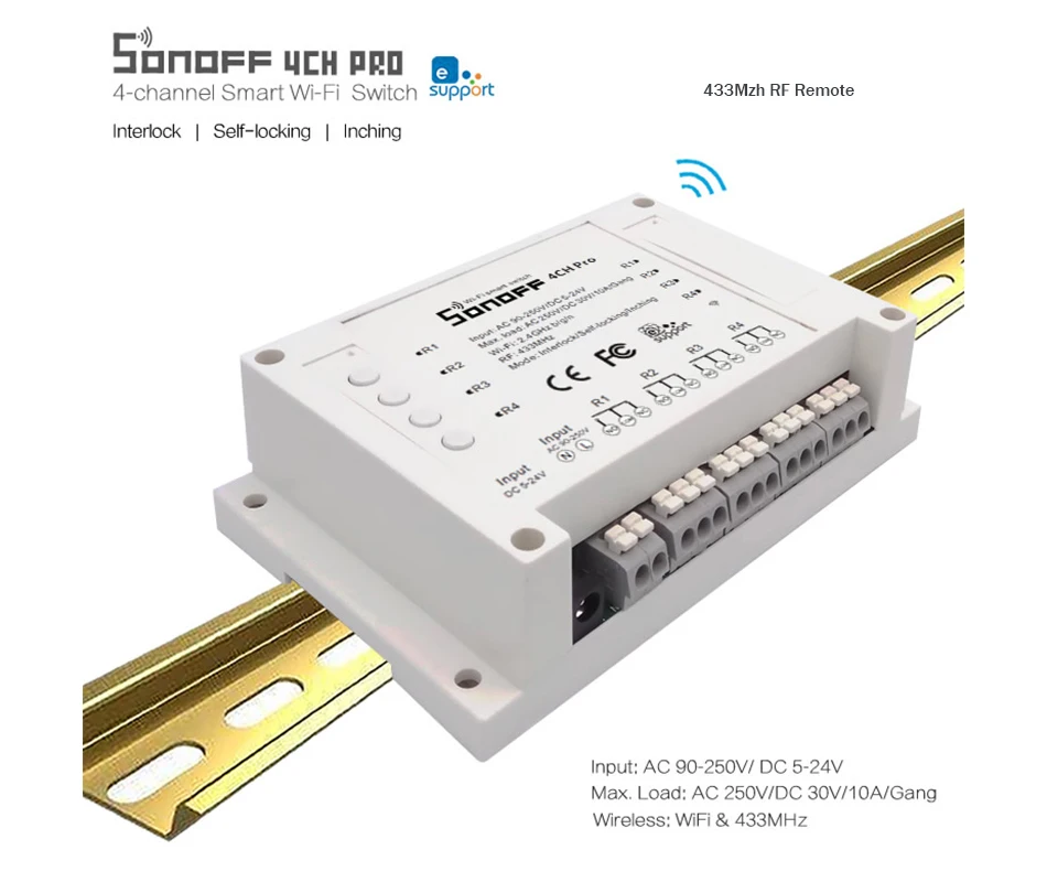 Sonoff 4CH Pro 4 канала WiFi RF Смарт вкл/выкл умный пульт управления инчинг/самоблокирующийся/блокировка/таймер на din-рейке