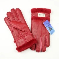 leather sheepskin fur gloves women hand stitched winter thick warm wool multicolor stitching style finger gloves