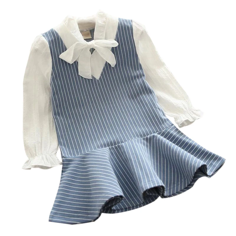 Girls Dress Autumn Kids Casual Fake 2 Piece Long Sleeve Striped Print Bowknot Design Baby Children Costume | Детская одежда и