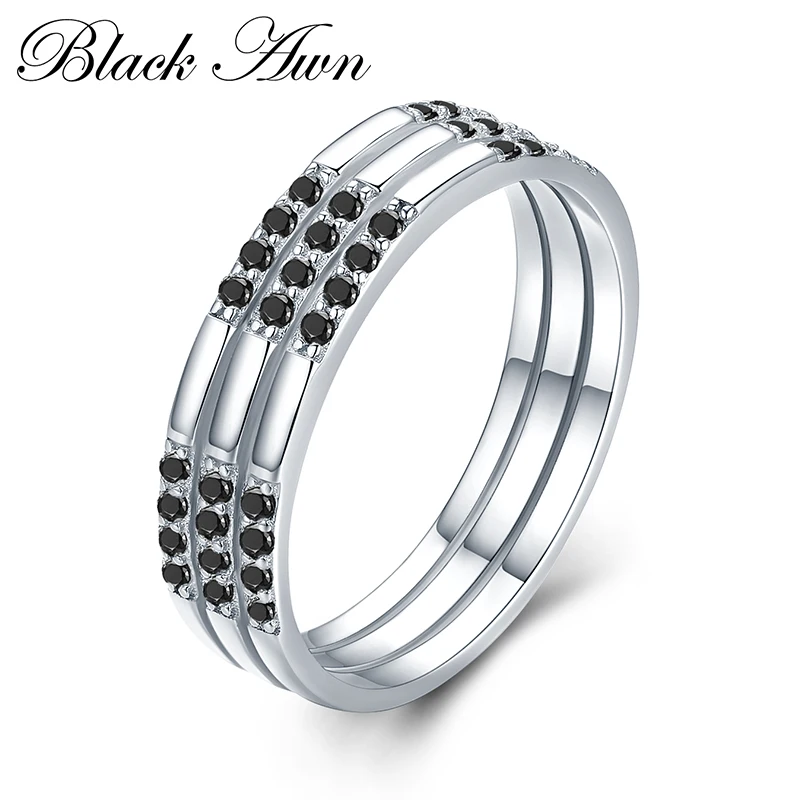 

[BLACK AWN] Classic Round Finger Ring 925 Sterling Silver Jewelry Black Spinel Wedding Rings for Women C474