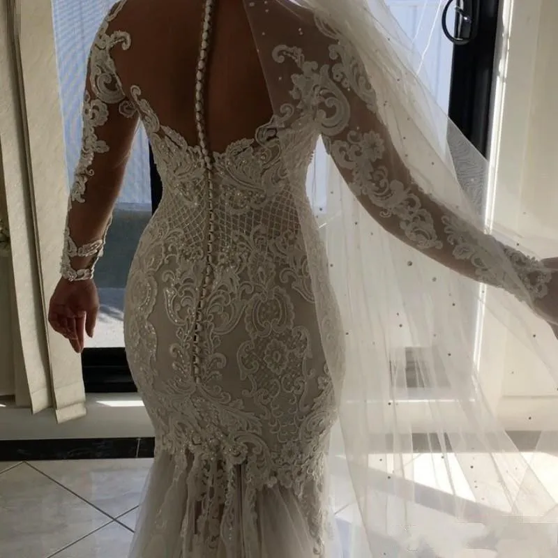 New Mermaid Wedding Dresses Sheer Neckline Lace Appliques Beaded Illusion Long Sleeve See Through Tulle Train Bridal Gowns | Свадьбы и