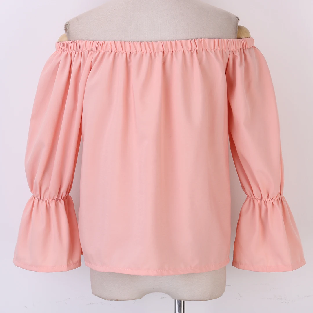 

New Fashion Women Lady Sexy Off Shoulder Casual Long Puff Sleeve Loose Crop Tops Blouse Stylish Slash Neck Blouses
