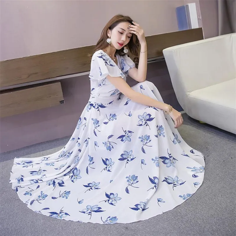 Женское Макси платье 2019 Новая Летняя женская обувь с коротким рукавом и