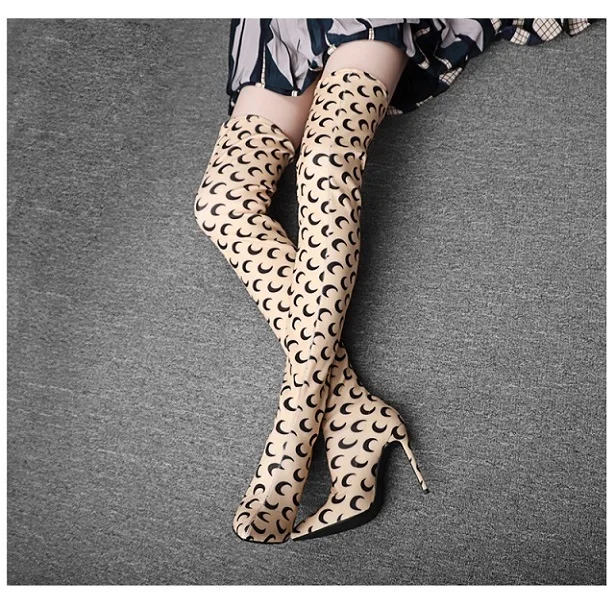 

2018 fashion stretch fabric female boots over the knee moon print slip on high thin heel woman boots pink