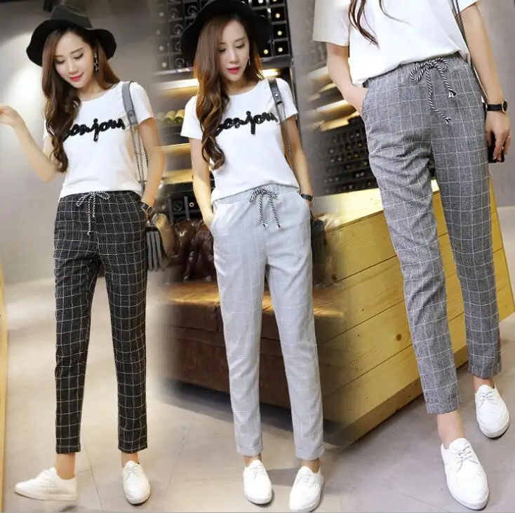 

M-5XL New 2019 Women's clothing fashion hair stylist Plaid Ankle banded Harem pants Capri pants plus size costumes