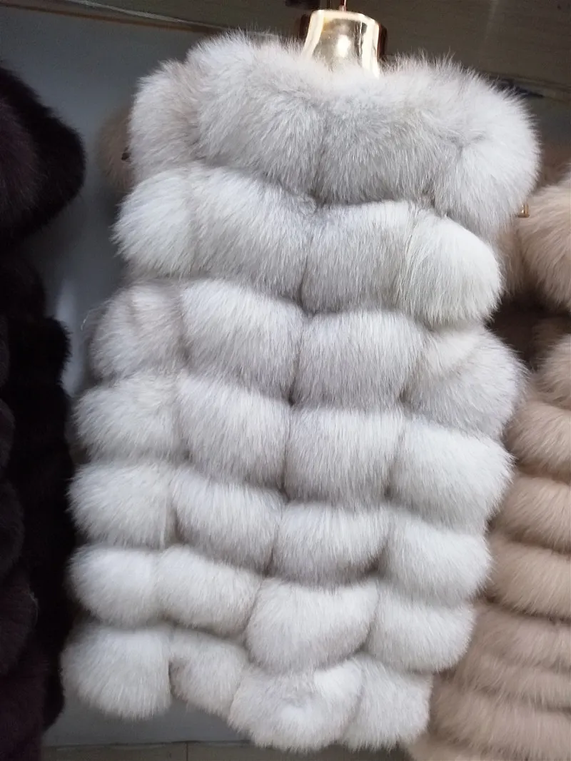 Natural color Жилет из натурального Лисьего меха, новинка, длинный толстый женский жилет из натурального меха, куртка с карманами, жилет из натурального меха, пальто для женщин, длина пальто 70 см - Цвет: Natural color