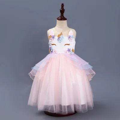 Pink 34 Взрывное платье принцессы с единорогом для девочек; Сетчатое кружевное платье; Детский карнавальный костюм; праздничное платье; юбка для детей - Цвет: Pink 34