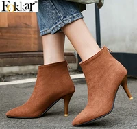 eokkar 2020 women ankle boots pointed toe thin high heel all match flock zipper winter boots warm ladies boots plush size 34 43
