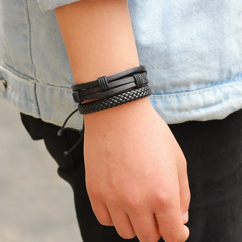 5pcs/set Boho Gypsy Hippie Punk Classic All Black Knot Pattern Leather Cord Wrap Layers Stacked Adjustable Bracelets Set for Man | Украшения