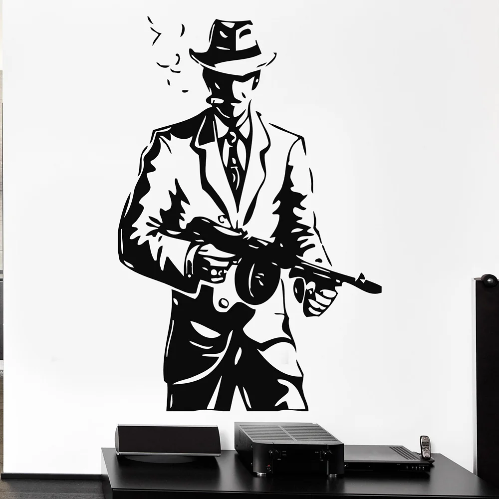 

Free Shipping diy Wallpaper Gangster Hat Gun Weapons Tommy-Gun Vinyl Wall Decal Home Decor Art Mural Removable Wall Stickers