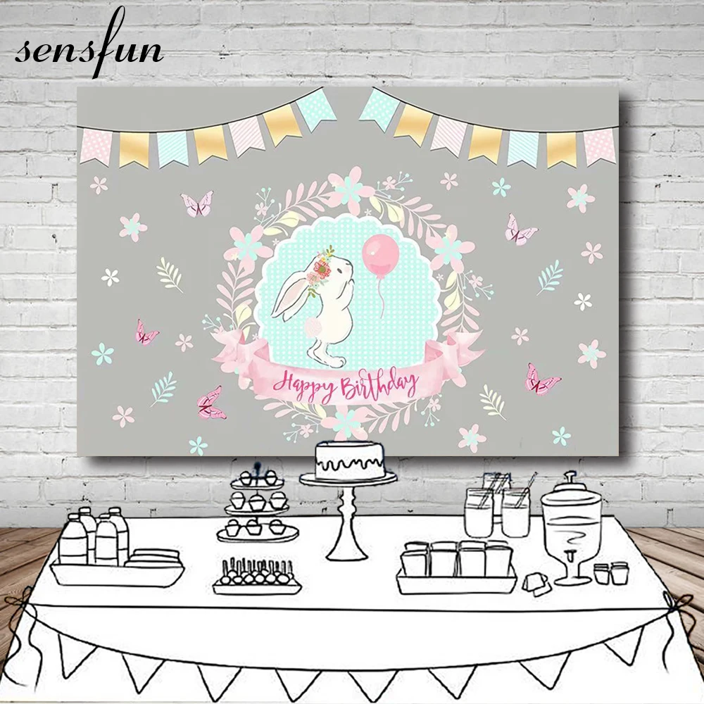 

Декорации для фотостудии Sensfun для девочек на 1-й день рождения, флажки, бабочки, цветы, кролик, виниловые фоны для фотосъемки 7x5 футов