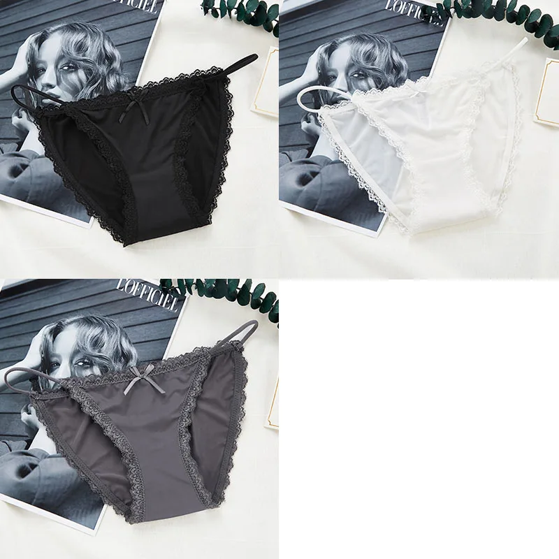 Black White Gray 3 шт., сексуальные женские трусики, кружевные, низкая посадка, одноцветные сексуальные трусы, бесшовные, Интимные стринги, трусики, хлопок, промежность, женское нижнее белье - Цвет: Black White Gray