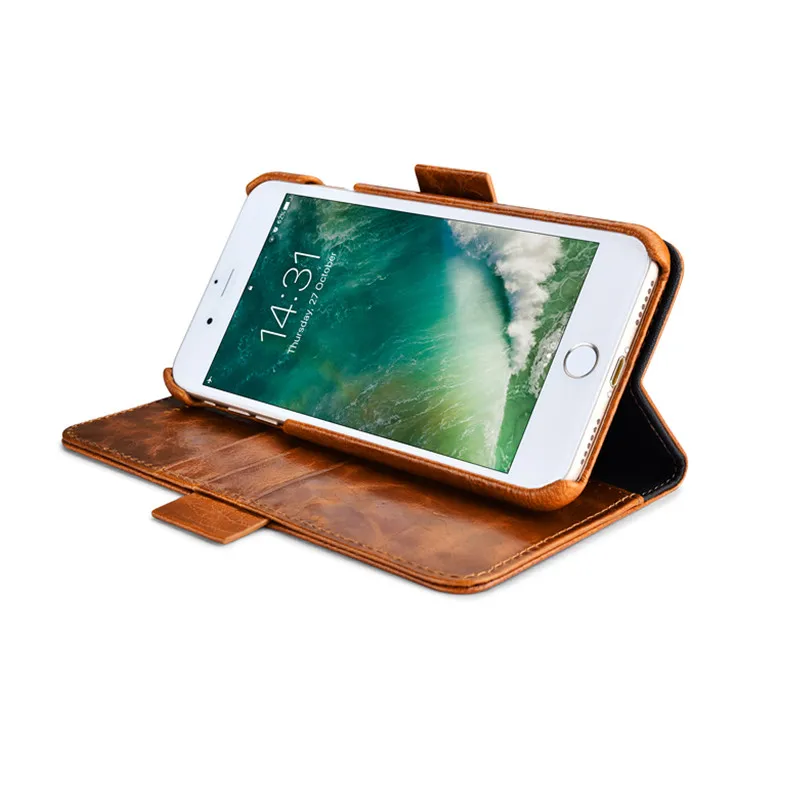Чехол книжка ICARER Oil Wax из натуральной кожи со съемным 2 в 1 бумажником для IPhone 7 Plus 6 6S