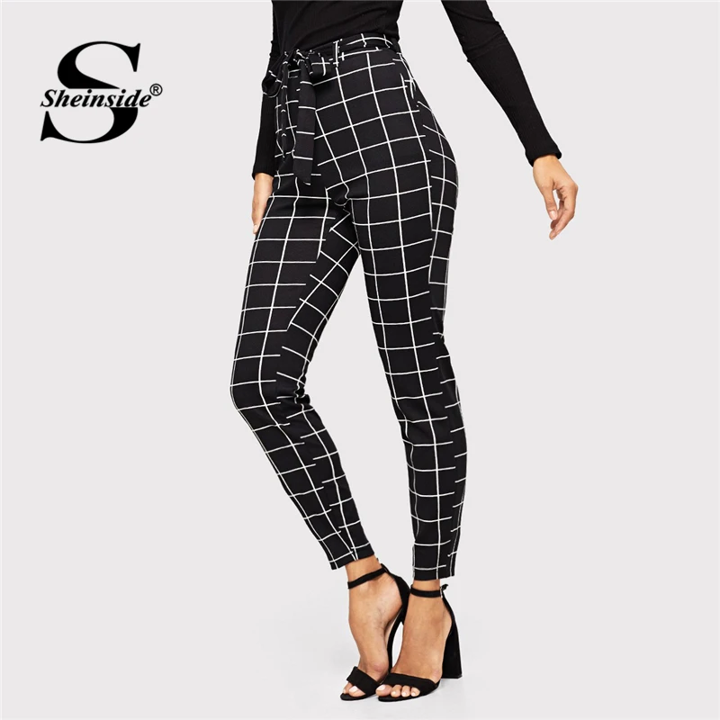 Sheinside, обтягивающие брюки в клетку с поясом, элегантные брюки, женская мода, карман, эластичная талия, черные и белые клетчатые брюки, Капри