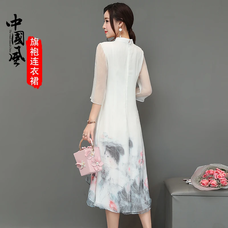 Ретро Китайский Стиль печати Cheongsam 2018 новый летний dressthree квартал рукава