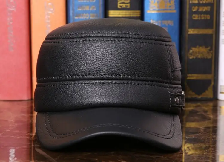 Wuaumx воловьей из натуральной кожи военные Шапки для Для мужчин Теплый Earflap шляпа коровьей Кепки из коровьей кожи с плоской верхней Бейсбол Кепки для мужчин шляпа с ушками шапка зимняя мужская зимние шапки