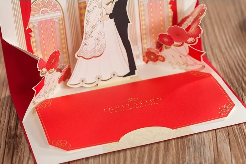 3D Обручение Пригласительных билетов красный Романтическая свадьба Приглашения