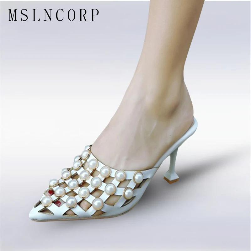 

Plus Size 34-43 New Women slipper Pearls Summer high heel Shoes Outside Fashion Pointed Toe Checkered Slippers sexy ladies Pumps