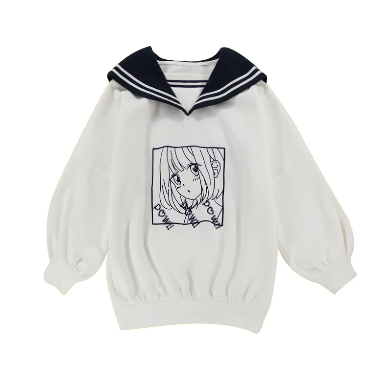

Women Japanese Soft sister Navy collar Cute Harajuku Anime Girl Cartoon Print White Loose Pullovers Casual Long Sweatshirts