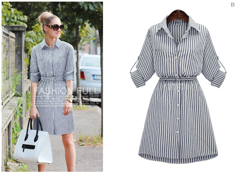 Женское платье рубашка с длинным рукавом элегантное винтажное в полоску поясом