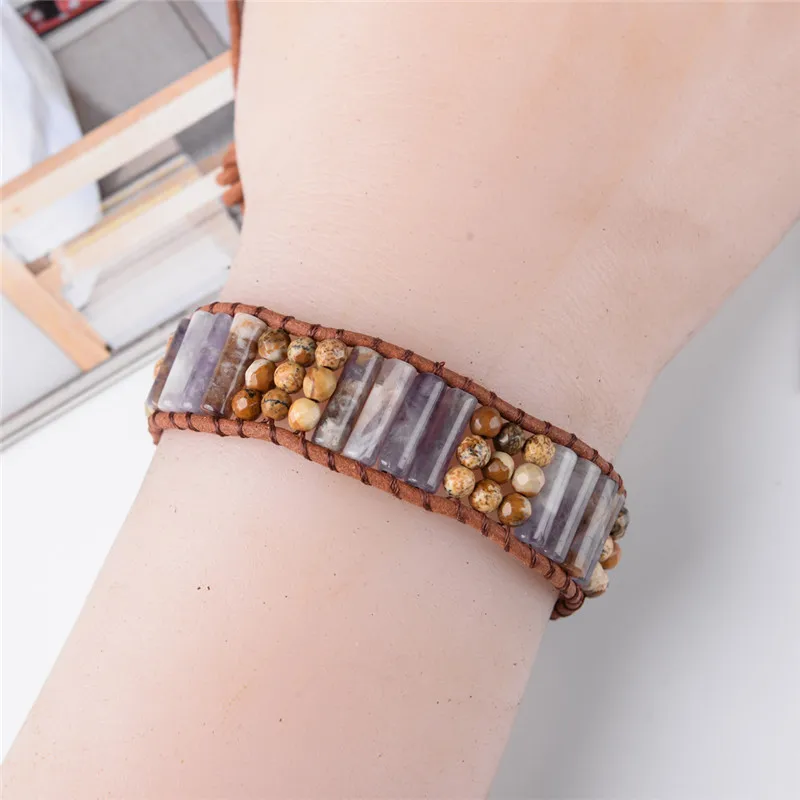 2018 Новый Boho браслет винтажный кожаный полудрагоценный камень манжета украшенный