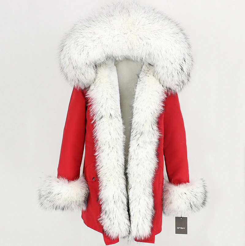 red white OFTBUY, пальто с натуральным мехом, зимняя куртка для женщин, натуральный мех енота, капюшон, водонепроницаемая, длинная парка, съемная, уличная одежда, роскошные парки, теплые - Цвет: red white