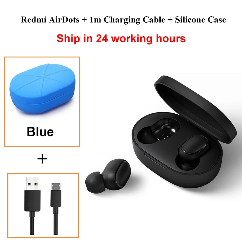 Add Cable n Case BU Xiaomi Redmi AirDots TWS True беспроводной Bluetooth 5,0 наушники DSP шумоподавление Гарнитура наушники TWSEJ04LS - Цвет: Add Cable n Case BU