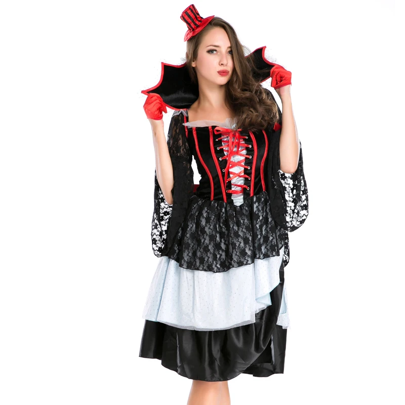 

New Gothic Evil Vampires Costume Sexy Adult Halloween Cosplay Lace Patchwork Fancy Dress Devil Maleficent Witch Costume A158620