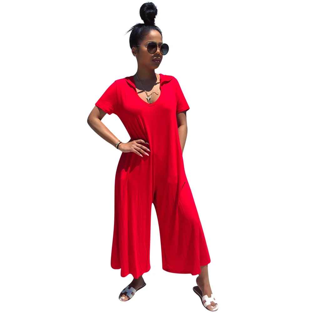 Женский комбинезон с коротким рукавом и v образным вырезом Свободный широкими