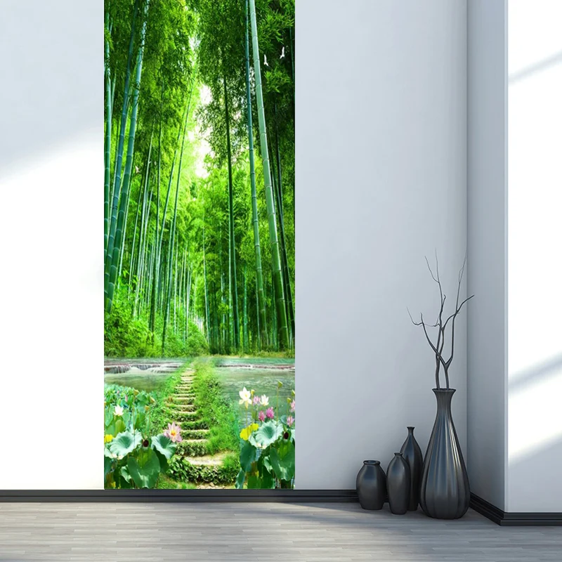 ПВХ дверь Наклейка 3D Природа Пейзаж бамбуковый лес путь обои гостиная кухня