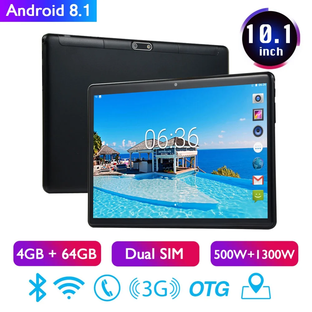 10,1 дюймов 4 Гб+ 64 ГБ Android 8,1 WiFi планшетный ПК двойная SIM Двойная камера 3g телефон Pad планшеты с адаптером питания ЕС/США