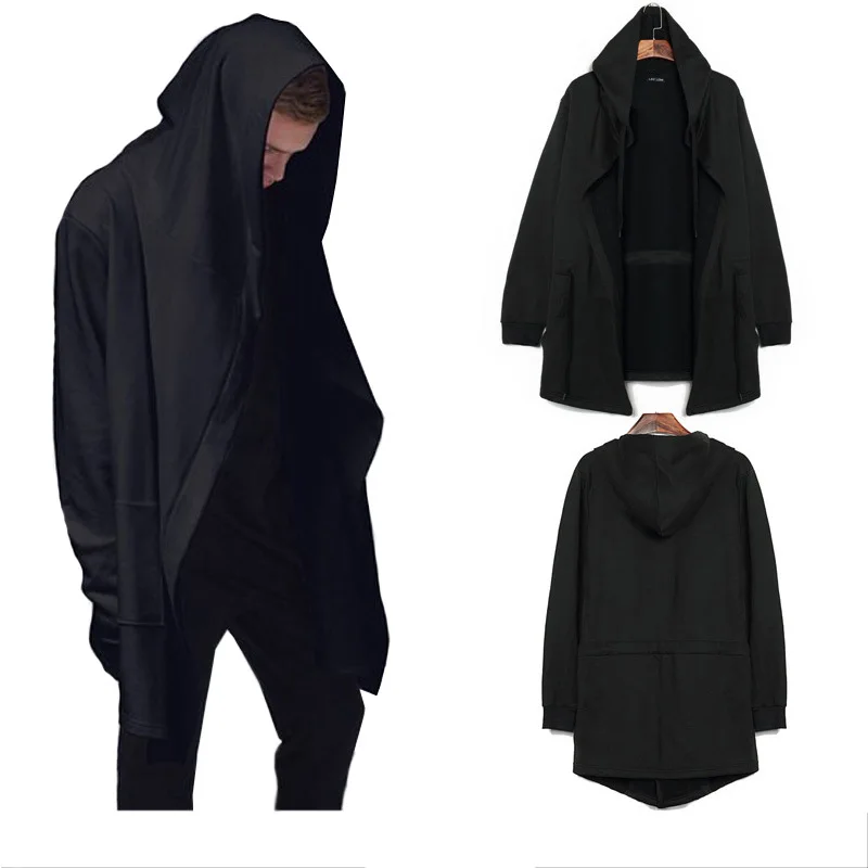 

Rome Autumn long cloak wizard cape male hooded jacket No buckle loose black Cardigan hip hop coat men large size M-5XL