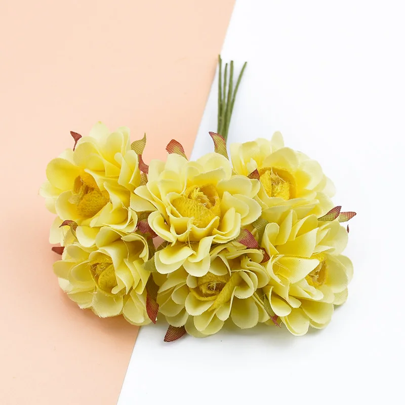 yellow 6 шт., искусственные розы, букет, декоративные цветы, венки, искусственные растения для дома, декор для свадьбы, скрап, сделай сам, подарки, коробка для конфет, шелковые цветы - Цвет: yellow
