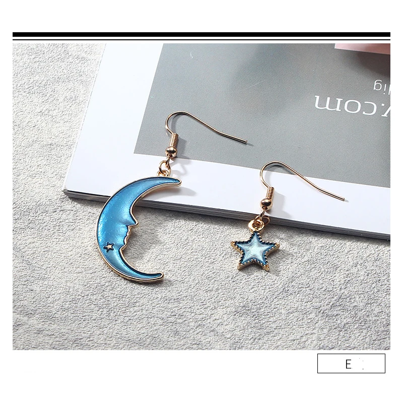 Women Blue Metal Asymmetric Geometry Starry Moon Planet Stud Earrings Long Wild Sweet Jewelry Eardrop One size | Украшения и