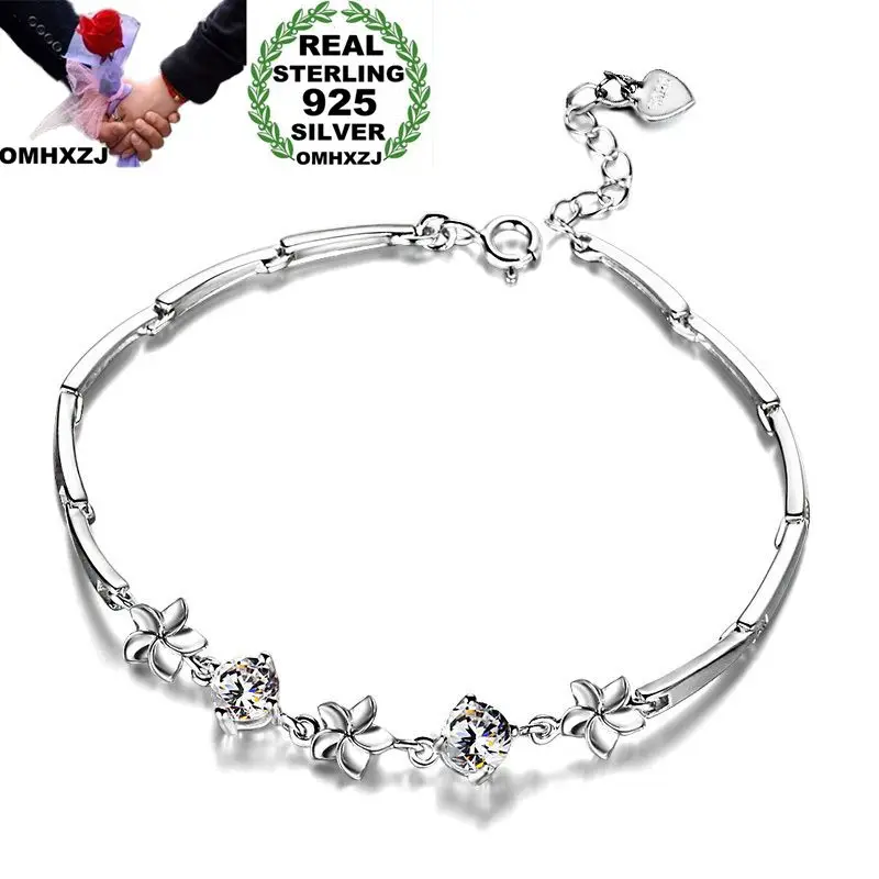 

OMHXZJ Wholesale Personality Fashion OL Woman Girl Party Wedding Gift White Flower Zircon 925 Sterling Silver Bracelet BR40