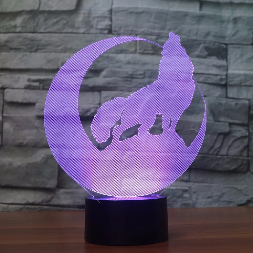 Волк 3D ночник сенсорный выключатель LED 7 цветов Изменение USB настольная лампа для