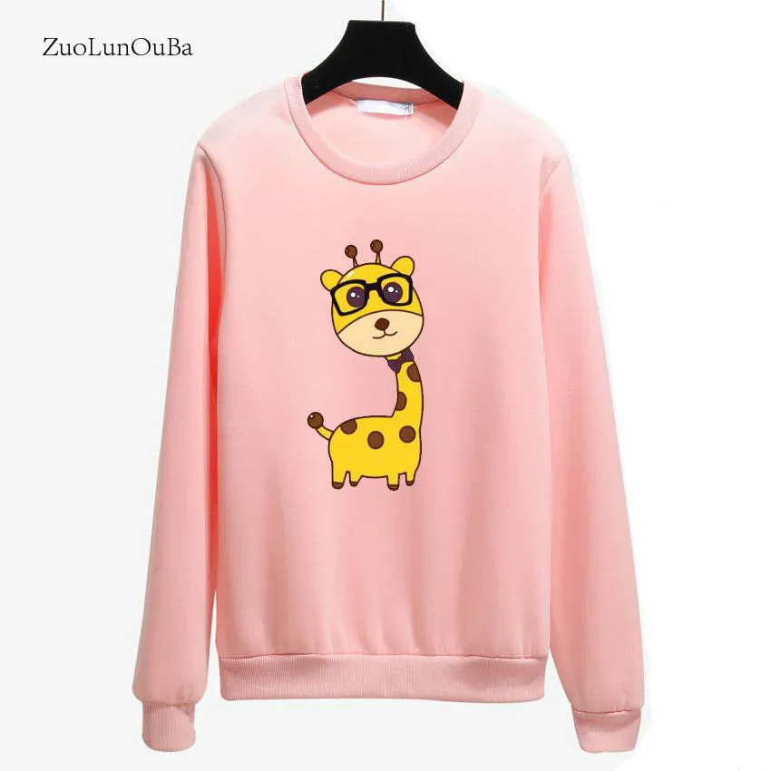 

2018 Autumn Winter Women Pullover Cartoon Printed Baby Giraffe Style Haraiuku Student Lady Long-sleeved Loose Tops Pullover