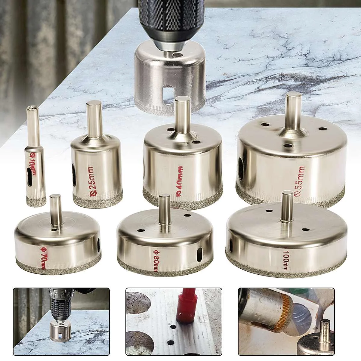 7PCS Large 10-100mm Diamond Hole Saw Tile Ceramic Glass Porcelain Marble Drill Bit Set