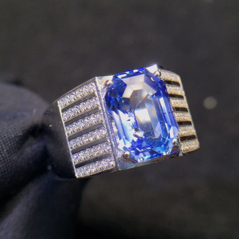 Мужское кольцо с натуральным синим сапфиром 18 К белое золото 3 61ct | Украшения и