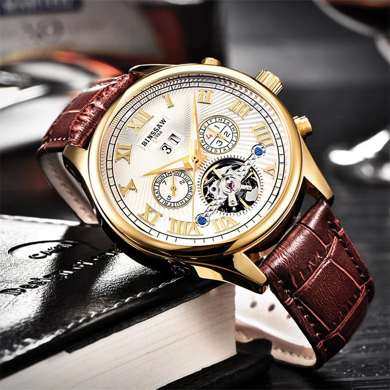BINSSAW Мужские автоматические механические часы Tourbillon из натуральной кожи мужские