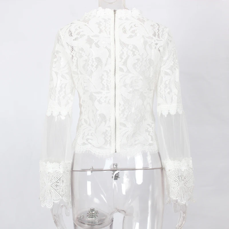 

BEFORW 2020 Sexy Women Blouses Lace Perspective Stand Neck Long Sleeve Solid Blouse Women Clothing fashion Slim Shirt Female Top