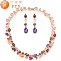 fym mona lisa luxury colorful cubic zircon necklace drop earrings rose gold color jewelry sets for women bridal wedding party