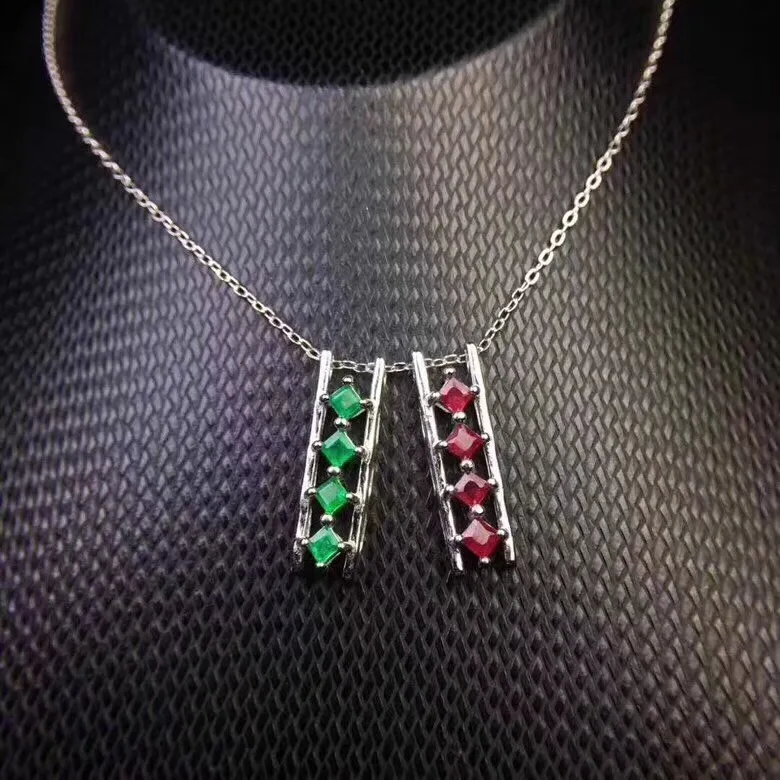 Simple fashion small Necklace 925 Silver Natural Ruby Emerald beautiful girl exclusive cute